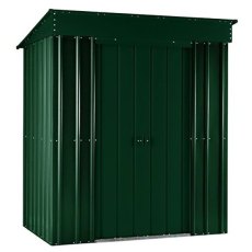 Isolated view of 8 x 4 Lotus Pent Metal Shed in Heritage Green with sliding doors closed