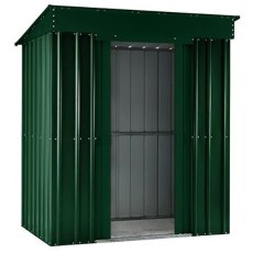 Isolated view of 8 x 4 Lotus Pent Metal Shed in Heritage Green with sliding doors open