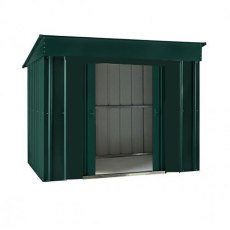 Isolated view of 6 x 4 Lotus Low Pent Metal Shed in Heritage Green with sliding doors open