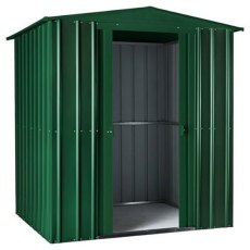 Isolated view of 6 x 8 Lotus Apex Metal Shed in Heritage Green with sliding doors open