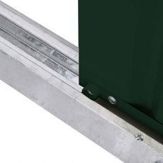 Bottom of sliding door mechanism on 10 x 12 Lotus Apex Metal Shed in Heritage Green
