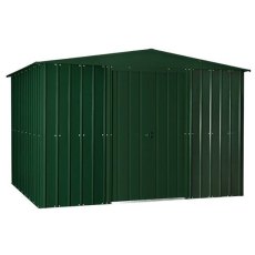 Isolated view of 10 x 12 Lotus Apex Metal Shed in Heritage Green with sliding doors closed