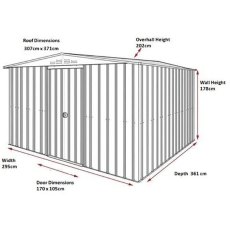 Dimensions for 10 x 12 Lotus Apex Metal Shed in Heritage Green