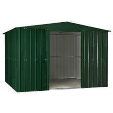 Isolated view of 10 x 12 Lotus Apex Metal Shed in Heritage Green with sliding doors open