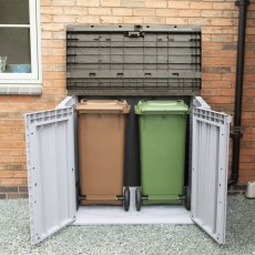 Forest 1200L Extra Large Plastic Garden Storage Unit - Grey - double doors open with bins inside