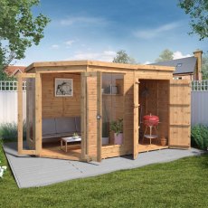 11x7 Mercia Corner Summerhouse with Side Shed - in situ, angle view, doors open