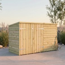 Angled front view of the Mercia 3x6 overlap pent wooden bike shed outdoors.