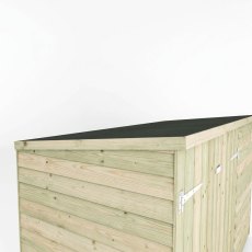 Rear corner view of the Mercia 3x6 overlap pent wooden bike shed roof.