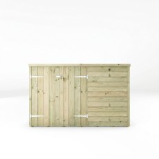 Front view of the Mercia 3x6 overlap pent wooden bike shed with closed doors.
