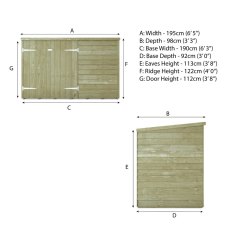 Dimensions diagram of the Mercia 3x6 overlap pent wooden bike shed.