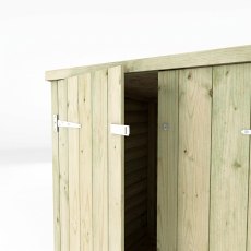 Close-up of the Mercia 3x6 overlap pent wooden bike shed door partially open.