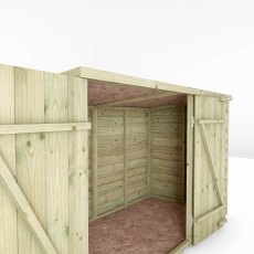 Interior view of the Mercia 3x6 overlap pent wooden bike shed with doors open.