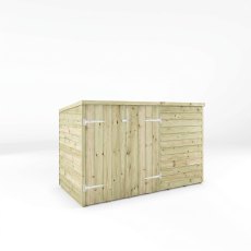 Three-quarter studio view of the Mercia 3x6 overlap pent wooden bike shed.