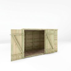 Mercia 3x6 overlap pent wooden bike shed with double doors open showing the interior.