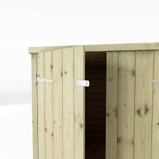 Close-up of the Mercia 4x6 overlap pent wooden bike shed door partially open.