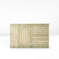 Front view of the Mercia 4x6 overlap pent wooden bike shed with closed doors.