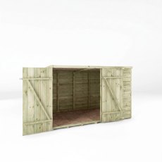 Mercia 4x6 overlap pent wooden bike shed with double doors open showing interior.