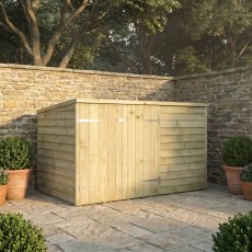 Mercia 4x6 overlap pent wooden bike shed in a garden with double doors closed.