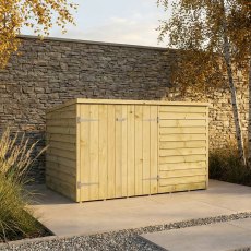 Angled front view of the Mercia 4x6 overlap pent wooden bike shed outdoors.
