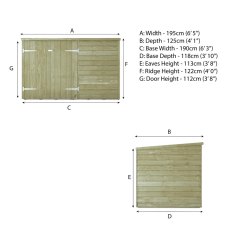 Dimensions diagram of the Mercia 4x6 overlap pent wooden bike shed.