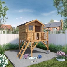 5 x 5 (1.49m x 1.51m) Mercia Poppy Playhouse with Tower - insitu with door open