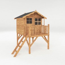 5 x 5 (1.49m x 1.51m) Mercia Poppy Playhouse with Tower - isolated angled view and door closed