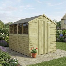 Mercia 8x6 overlap wooden shed with side windows in garden setting
