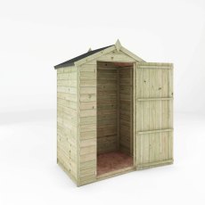 Front angled view of the Mercia 4x3 overlap apex wooden garden shed with door open.