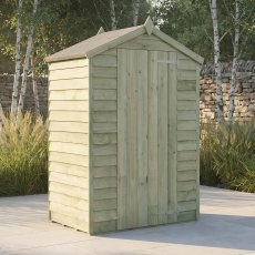 Angled front view of the Mercia 4x3 overlap apex wooden garden shed with closed door.