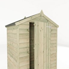 Close-up of the Mercia 4x3 overlap apex wooden garden shed with door partially open.