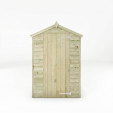 Front view of the Mercia 4x3 overlap apex wooden garden shed with single door.