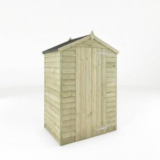 Studio three-quarter view of the Mercia 4x3 overlap apex wooden garden shed.