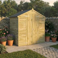 Mercia 4x6 overlap apex garden shed in outdoor setting with single door and window