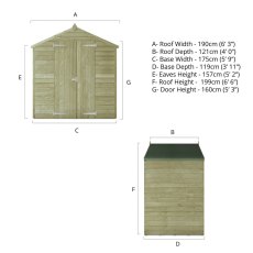 Technical elevation diagram of Mercia 4x6 overlap apex shed with dimensions