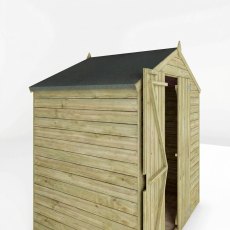 Side angled view of Mercia 4x6 shed showing overlap panels and roof detail