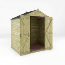 Mercia 4x6 overlap apex shed with door open showing interior storage space
