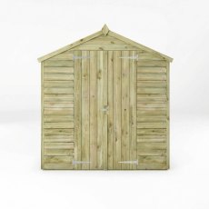 Front view of Mercia 4x6 overlap apex shed with single door and apex roof design