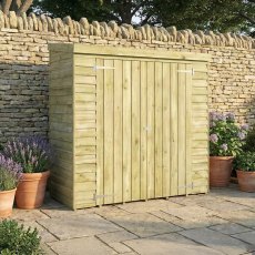 Mercia 6x3 overlap pent storage unit in garden setting with double doors and compact design