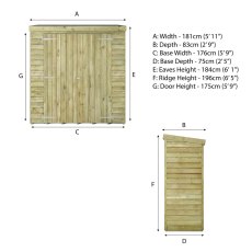 Technical elevation diagram of Mercia 6x3 overlap pent storage unit with dimensions