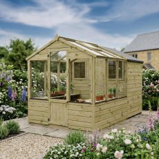 Mercia traditional 10x6 greenhouse combi shed in garden setting with glazing and storage area
