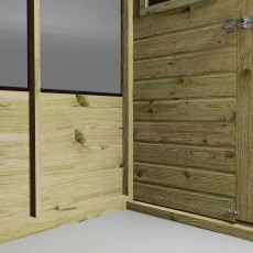 Interior corner view of Mercia combi shed showing timber walls and greenhouse frame