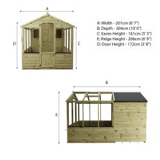 Technical dimensions diagram of Mercia 10x6 greenhouse combi shed front and side elevations