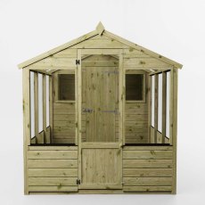 Front elevation of Mercia 10x6 greenhouse combi shed with central door and glazed panels