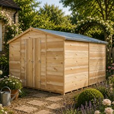 10 x 10 Shire Value Overlap Workshop Shed - No Windows - in situ, angle view, doors closed