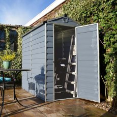 4 x 6 Palram Skylight Plastic Apex Shed - Grey - with background and door open