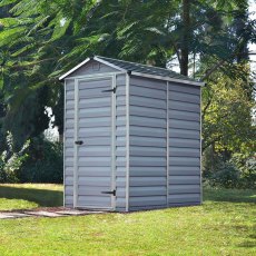 4 x 6 Palram Skylight Plastic Apex Shed - Grey - with background and door slightly open
