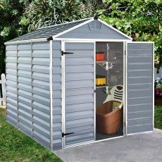6x8 Palram Skylight Plastic Apex Shed - Grey - with background and door open