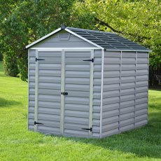 6x8 Palram Skylight Plastic Apex Shed - Grey - with background and doors closed