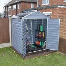 6x5 Palram Skylight Plastic Apex Shed - Grey - with background and doors open