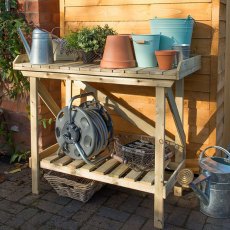 Forest Potting Bench Pressure Treated - 3'6" Long - with background and storage solutions